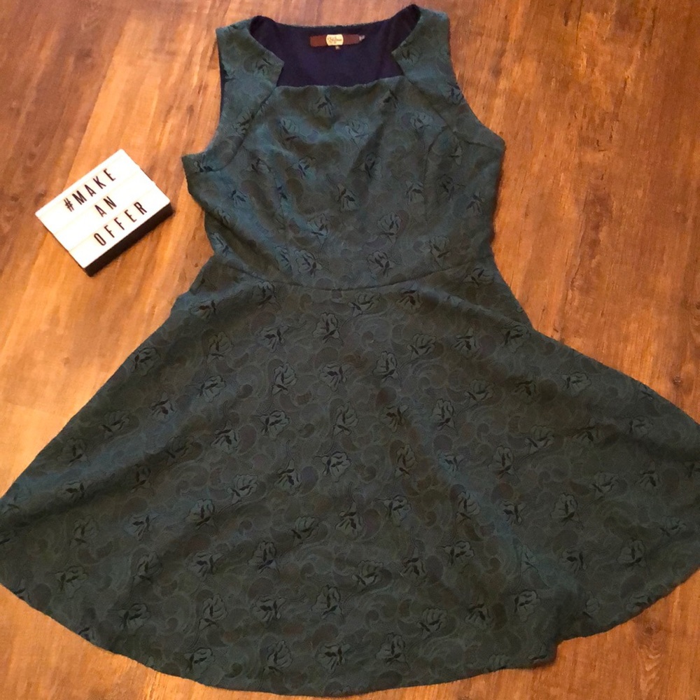 Anthropologie Teal Green Floral Textured Fit-and-Flare Dress